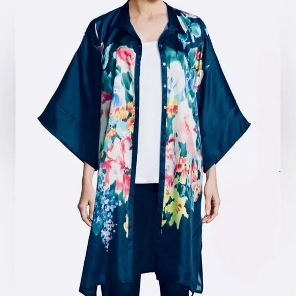 SOLD Johnny Was Malani 100% Silk Floral Print Long Kimono Tunic Navy Blue Size M - Picture 1 of 16